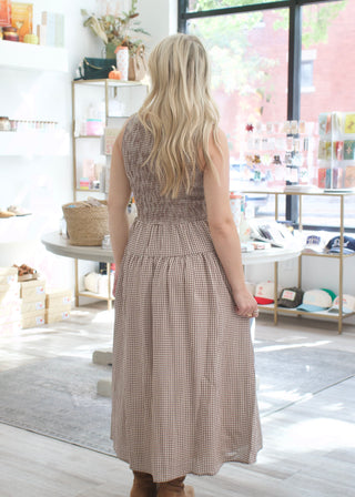Smocked Gingham Midi Dress - Brown