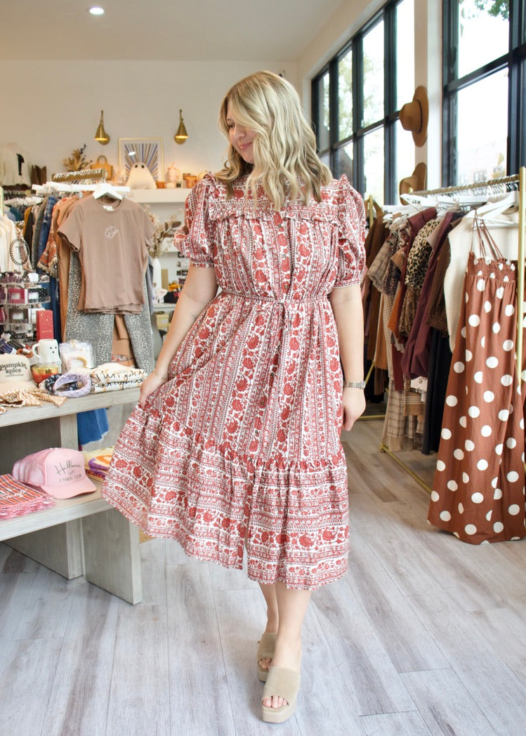 red whimsical dress Floral Ruffle Midi Dress