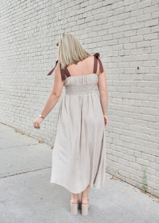 Plaid Ribbon Corset Midi Dress - Khaki