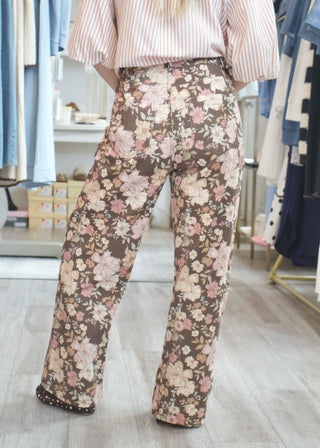 Floral Print Denim Pants - Brown
