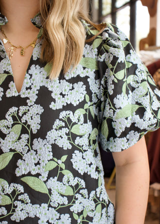 Botanical Puff Sleeve Mini Dress - Blue