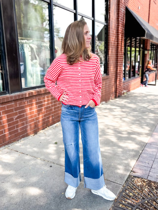 Mini Striped Piper Cardigan - Red