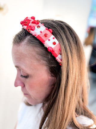 Plaid Beaded Knotted Headband - Red