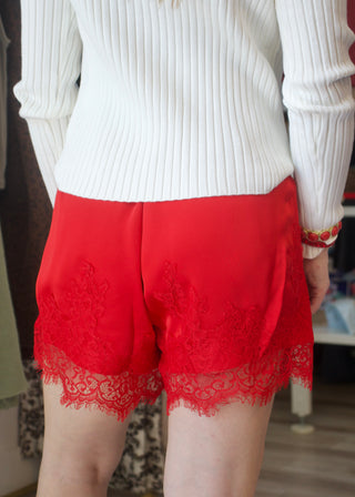 Lace Trim Satin Shorts - Red