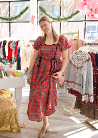 Plaid Velvet Midi Dress - Red