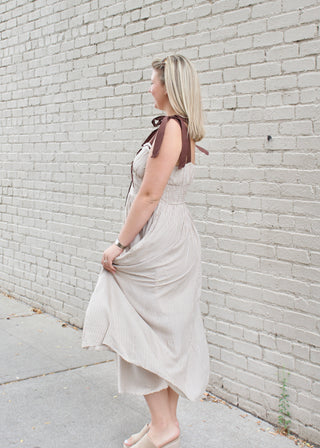 Plaid Ribbon Corset Midi Dress - Khaki