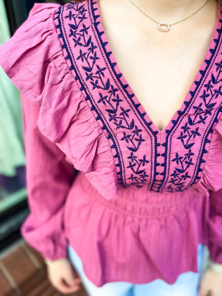 Violet Embroidered Frill Top