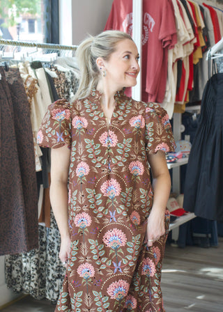 Floral Print Puff Maxi Dress - Brown