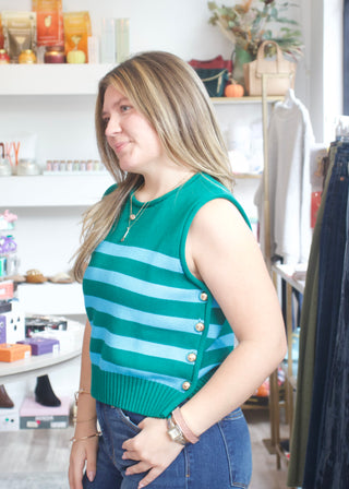 Stripe Gold Button Tank - Pine