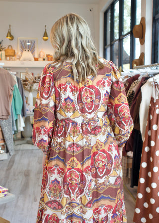 Abstract Print Midi Dress - Brown