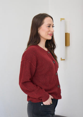 Ribbed Trim Button Cardigan - Deep Red