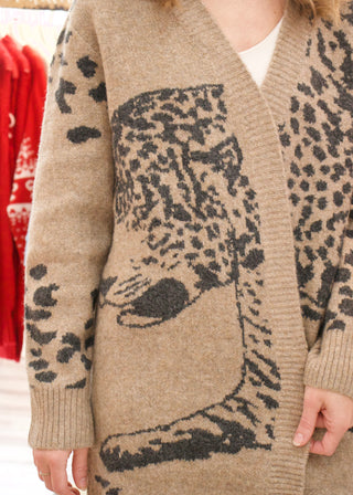 Leopard Face Knit Cardigan - Mocha