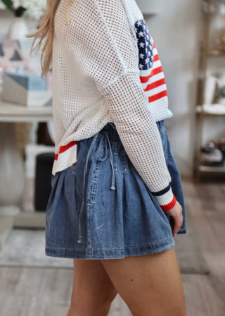 Pleated Denim Shorts