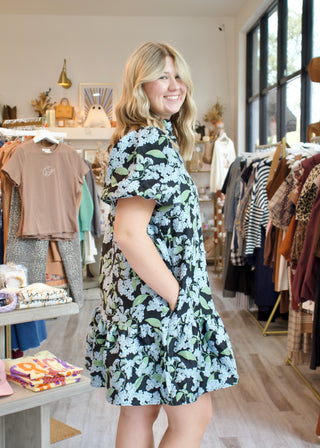 Botanical Puff Sleeve Mini Dress - Blue