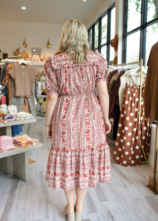 Floral Ruffle Midi Dress - Red