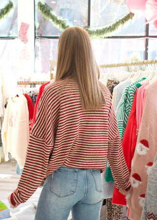 Stripe Raw Knit Cardigan - Deep Red