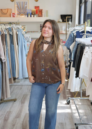 Floral Tie Yoke Top - Brown