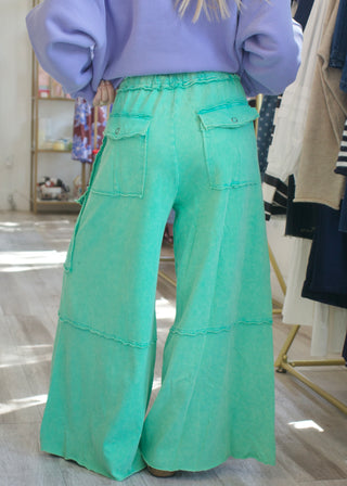Mineral Washed Wide Leg Cargo Pants - Atlantis Green