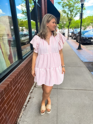Striped Flutter Babydoll Dress - Rose