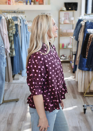 Polka Dot Ruffle Top - Wine