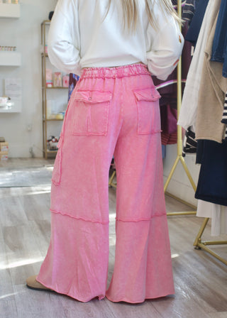 Mineral Washed Wide Leg Cargo Pants - Bubblegum