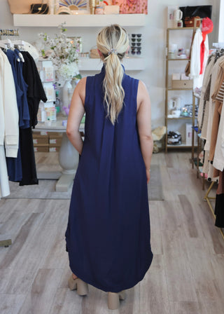 Tie Scallop Midi Dress - Navy