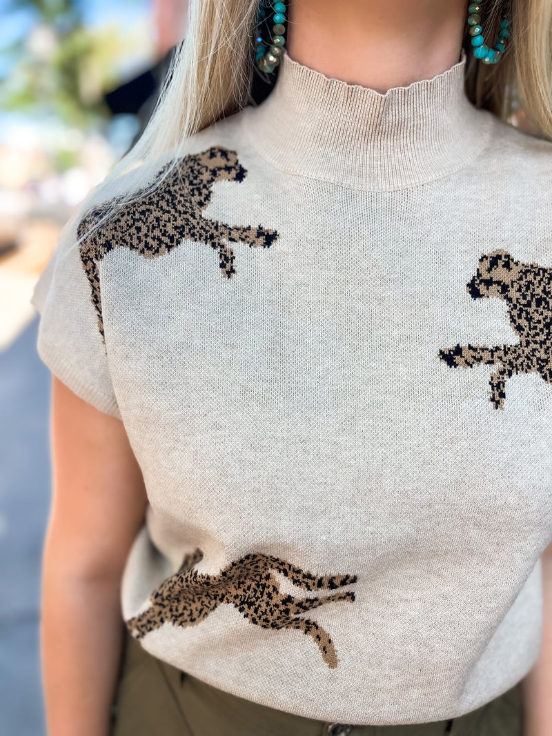 Leopard Mock Crop Sweater - Oat