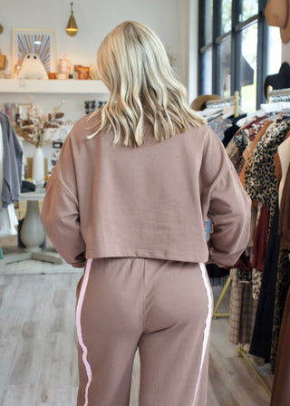 Lace Trim Crop Sweatshirt - Brown