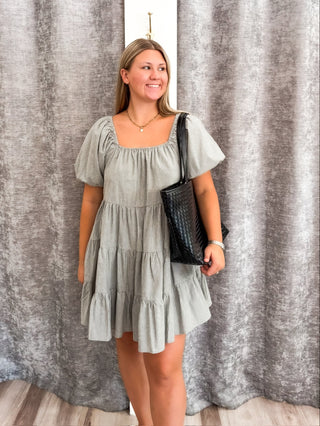 Striped Puff Mini Dress - Olive