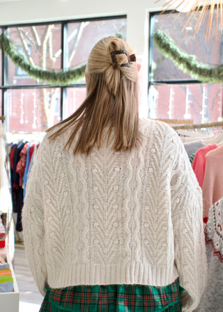 Front Velvet Bow Cable Cardigan - Oatmeal