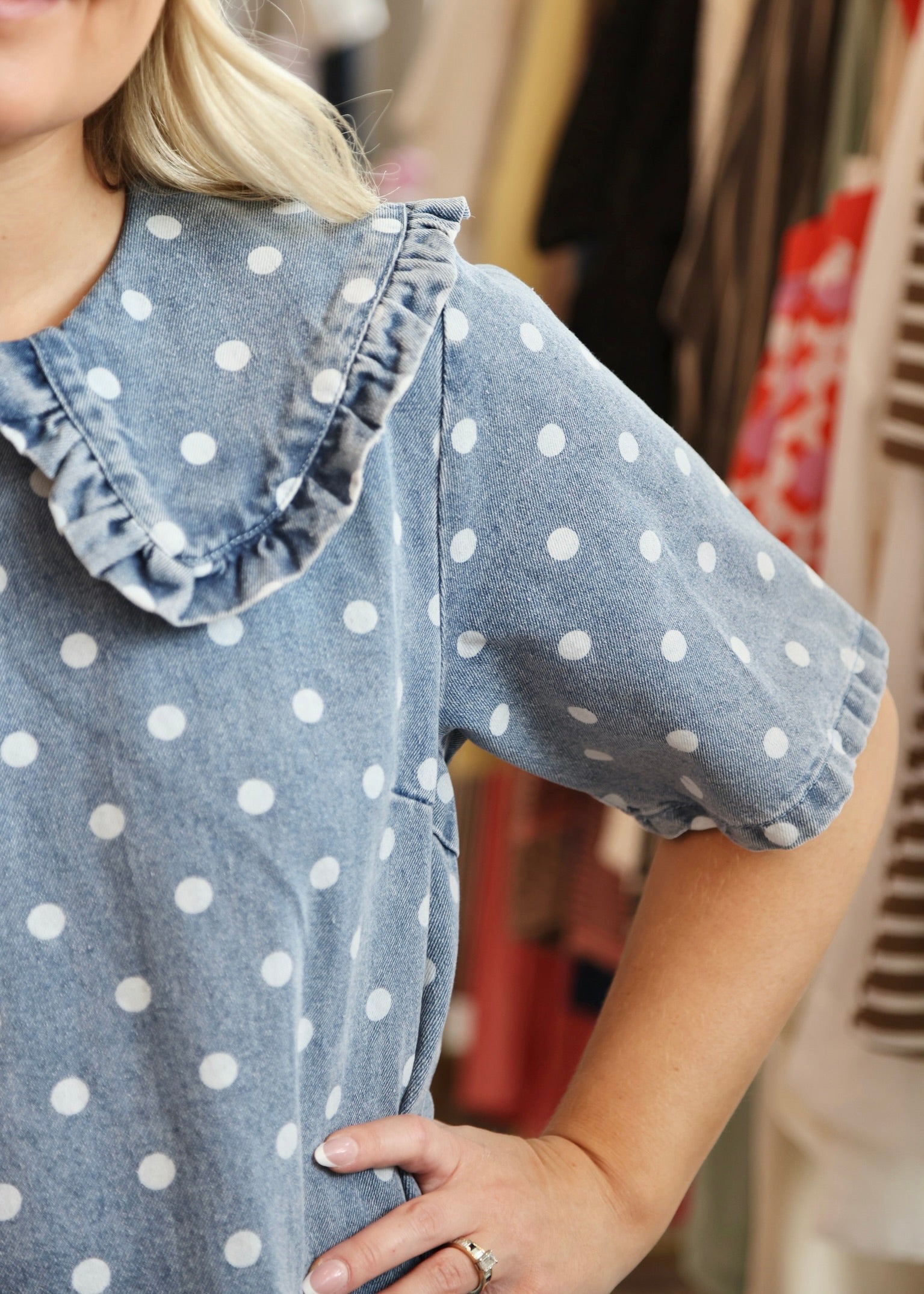 Polka Dot Denim Mini Dress XS