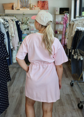 Check Drawstring Mini Dress - Pink