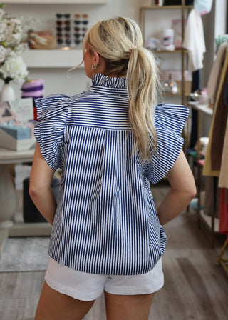 Stripe Flutter Ruffle Top - Navy