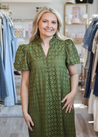 Eyelet Midi Dress - Olive