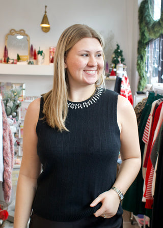 Embellished Neckline Knit Tank - Black