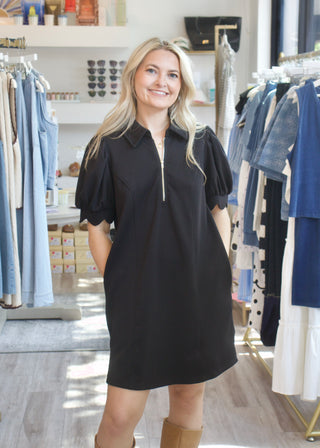 Puff Zip Mini Dress - Black