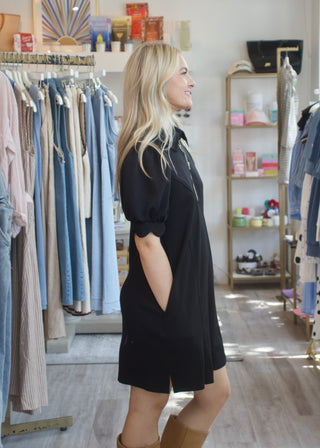 Puff Zip Mini Dress - Black