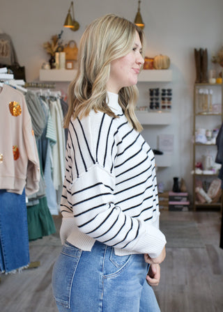 Mock Neck Striped Sweater - Cream