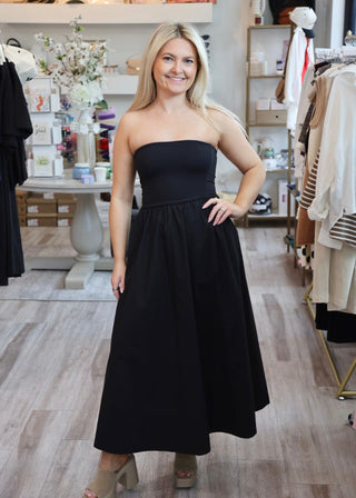 midi black strapless dress Women's Strapless Embroidered Midi Dress