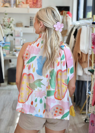 Multi Color Floral Halter Boho Top - Cream