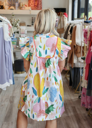 Abstract Floral Ruffle Sleeve Dress - Cream
