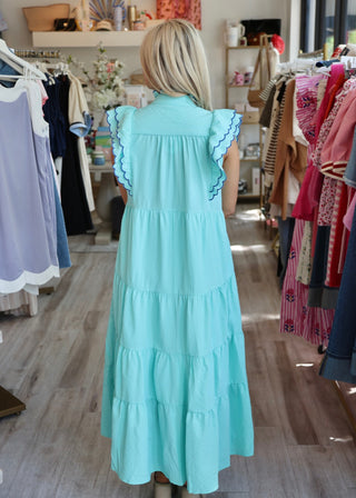 Seersucker Ruffle Tiered Midi Dress - Mint