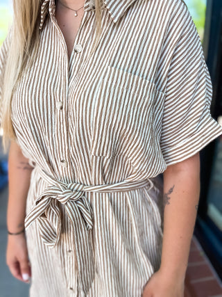 Button Down Shirt Dress - Tan Stripe