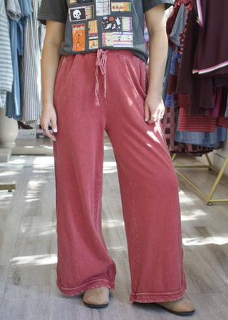 Mineral Washed Terry Knit Pants - Wine