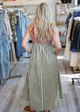 Stripe Scallop Midi Dress - Rust/Olive