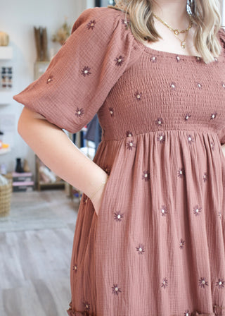 Floral Embroidered Tier Maxi Dress - Chocolate