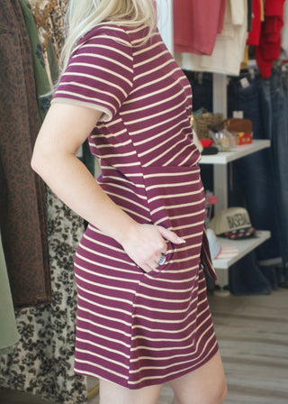 Stripe Waist Tie Mini Dress - Plum
