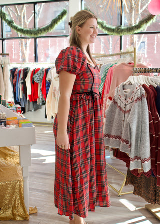 Plaid Velvet Midi Dress - Red