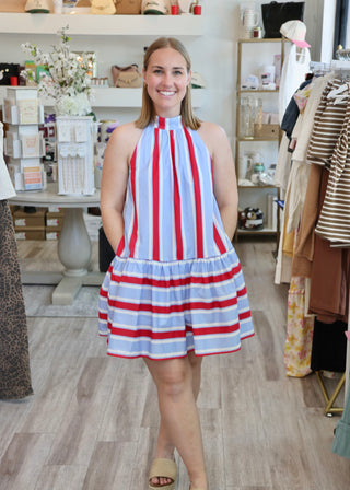 Stripe Halter Mini Dress - Blue/Red M Stripe Halter Mini Dress - Blue/Red M