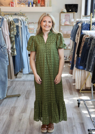 Eyelet Midi Dress - Olive